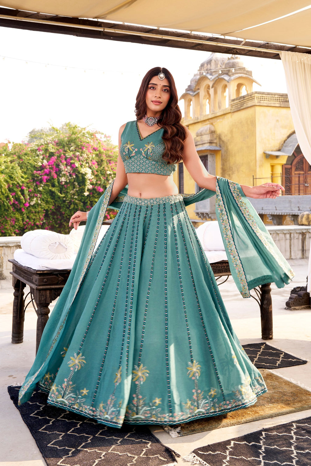 Lorenvalley Fashion Skyblue Crush Silk Sequins and Thread Embroidery Work Lehenga Choli with Dupatta | Grocsy