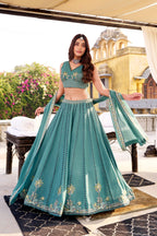 Lorenvalley Fashion Skyblue Crush Silk Sequins and Thread Embroidery Work Lehenga Choli with Dupatta | Grocsy