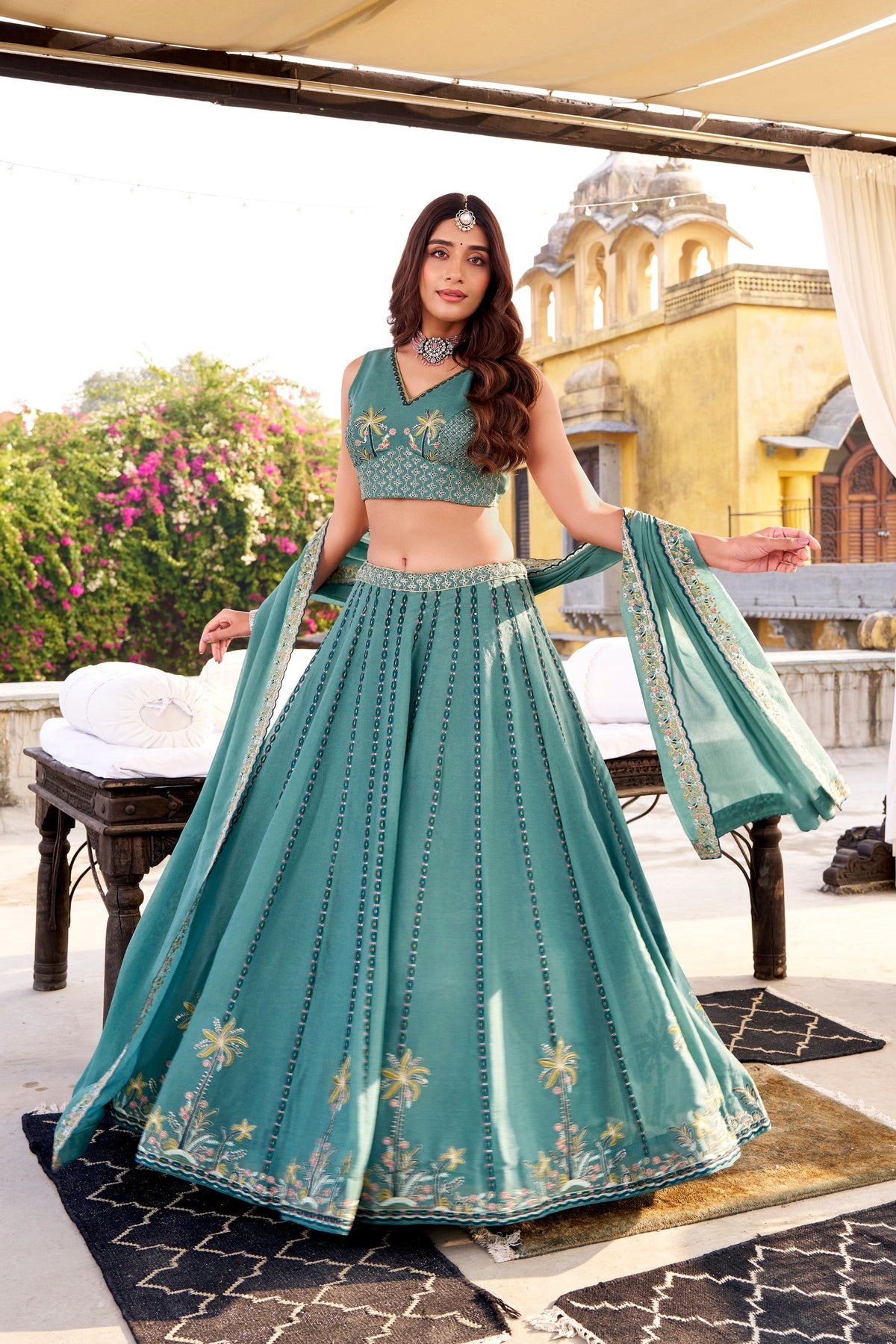 Lorenvalley Fashion Skyblue Crush Silk Sequins and Thread Embroidery Work Lehenga Choli with Dupatta | Grocsy
