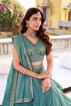 Lorenvalley Fashion Skyblue Crush Silk Sequins and Thread Embroidery Work Lehenga Choli with Dupatta | Grocsy