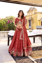 Lorenvalley Fashion Rust Crush Silk Sequins and Thread Embroidery Work Lehenga Choli with Dupatta | Grocsy