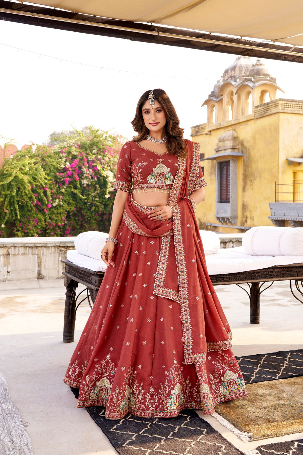 Lorenvalley Fashion Rust Crush Silk Sequins and Thread Embroidery Work Lehenga Choli with Dupatta | Grocsy