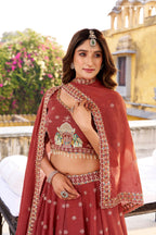 Lorenvalley Fashion Rust Crush Silk Sequins and Thread Embroidery Work Lehenga Choli with Dupatta | Grocsy