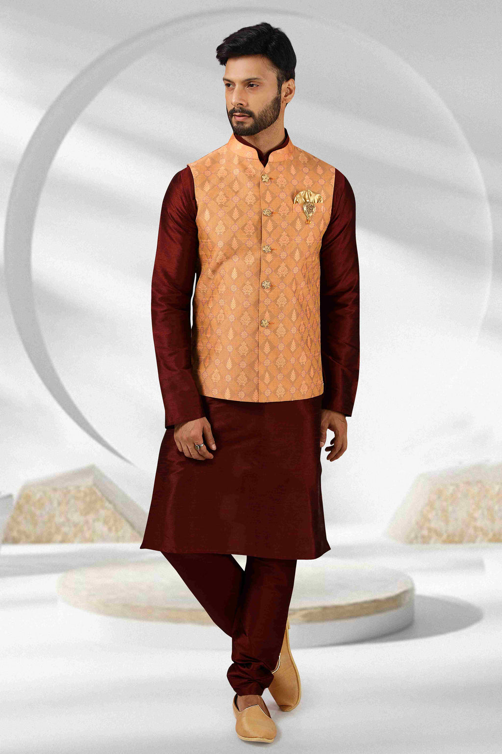 Raivat Ethnic Jacquard Banarasi Silk Woven Work 3 Pics Jacket Set In Peach Colour | Grocsy