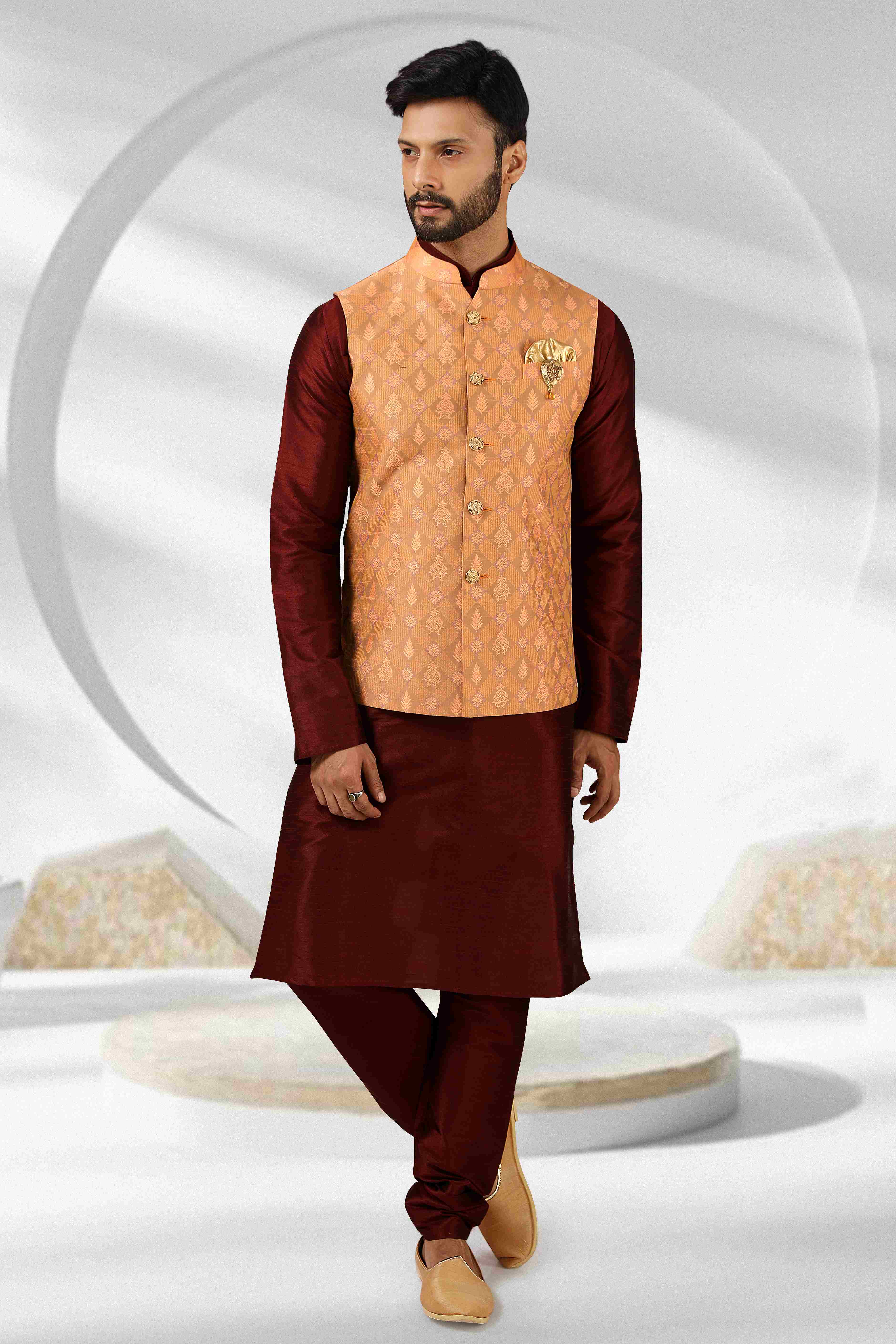 Raivat Ethnic Jacquard Banarasi Silk Woven Work 3 Pics Jacket Set In Peach Colour | Grocsy