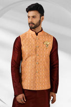 Raivat Ethnic Jacquard Banarasi Silk Woven Work 3 Pics Jacket Set In Peach Colour | Grocsy