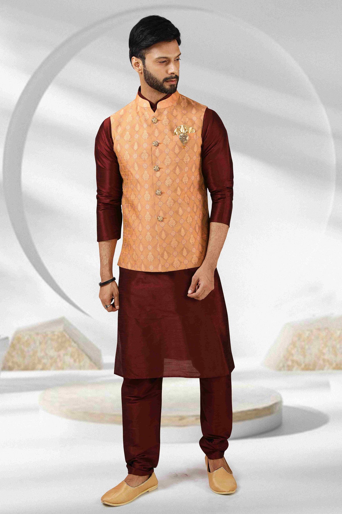 Raivat Ethnic Jacquard Banarasi Silk Woven Work 3 Pics Jacket Set In Peach Colour | Grocsy