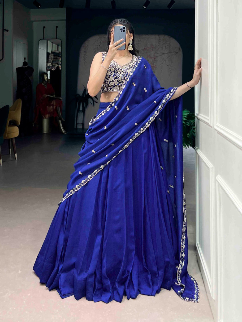 Lorenvalley Fashion Royalblue P.C.Kashmiri Plain Lehenga Choli with Dupatta | Grocsy