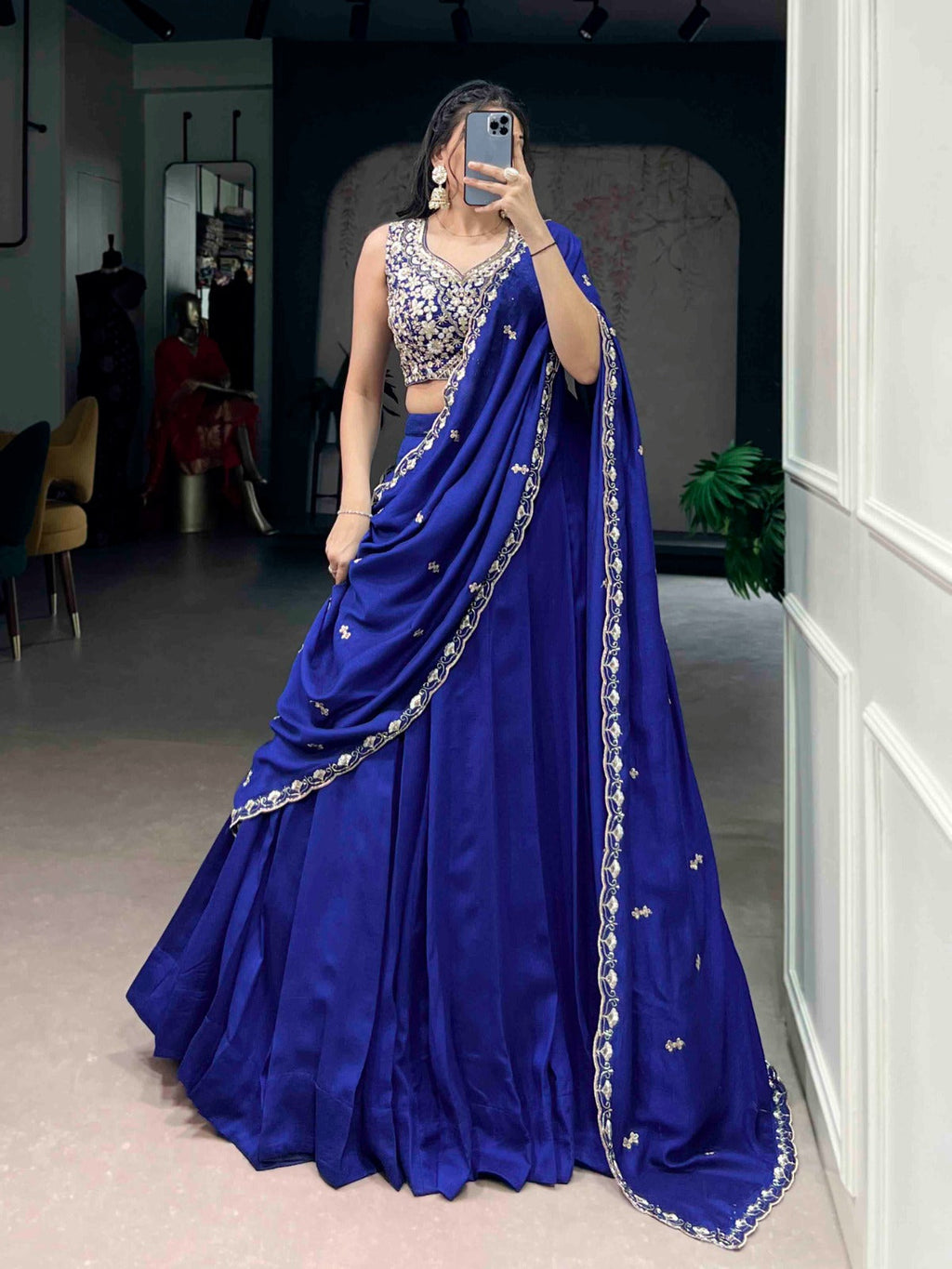Lorenvalley Fashion Royalblue P.C.Kashmiri Plain Lehenga Choli with Dupatta | Grocsy
