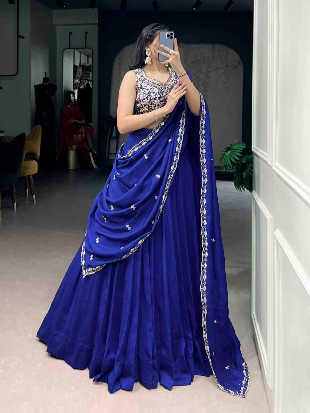 Lorenvalley Fashion Royalblue P.C.Kashmiri Plain Lehenga Choli with Dupatta | Grocsy