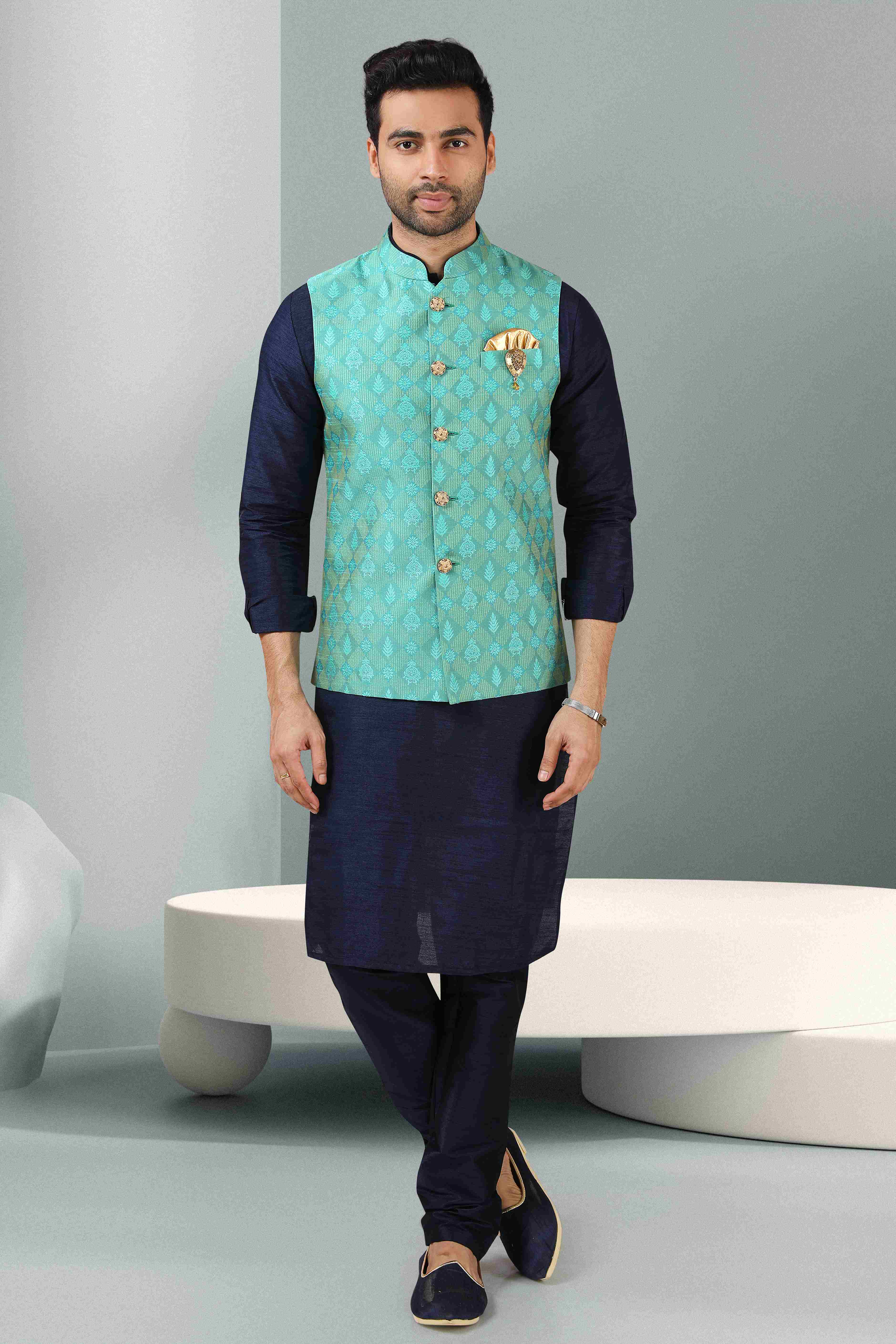 Raivat Ethnic Jacquard Banarasi Silk Woven Work 3 Pics Jacket Set In Sea Green Colour | Grocsy