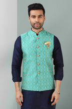 Raivat Ethnic Jacquard Banarasi Silk Woven Work 3 Pics Jacket Set In Sea Green Colour | Grocsy