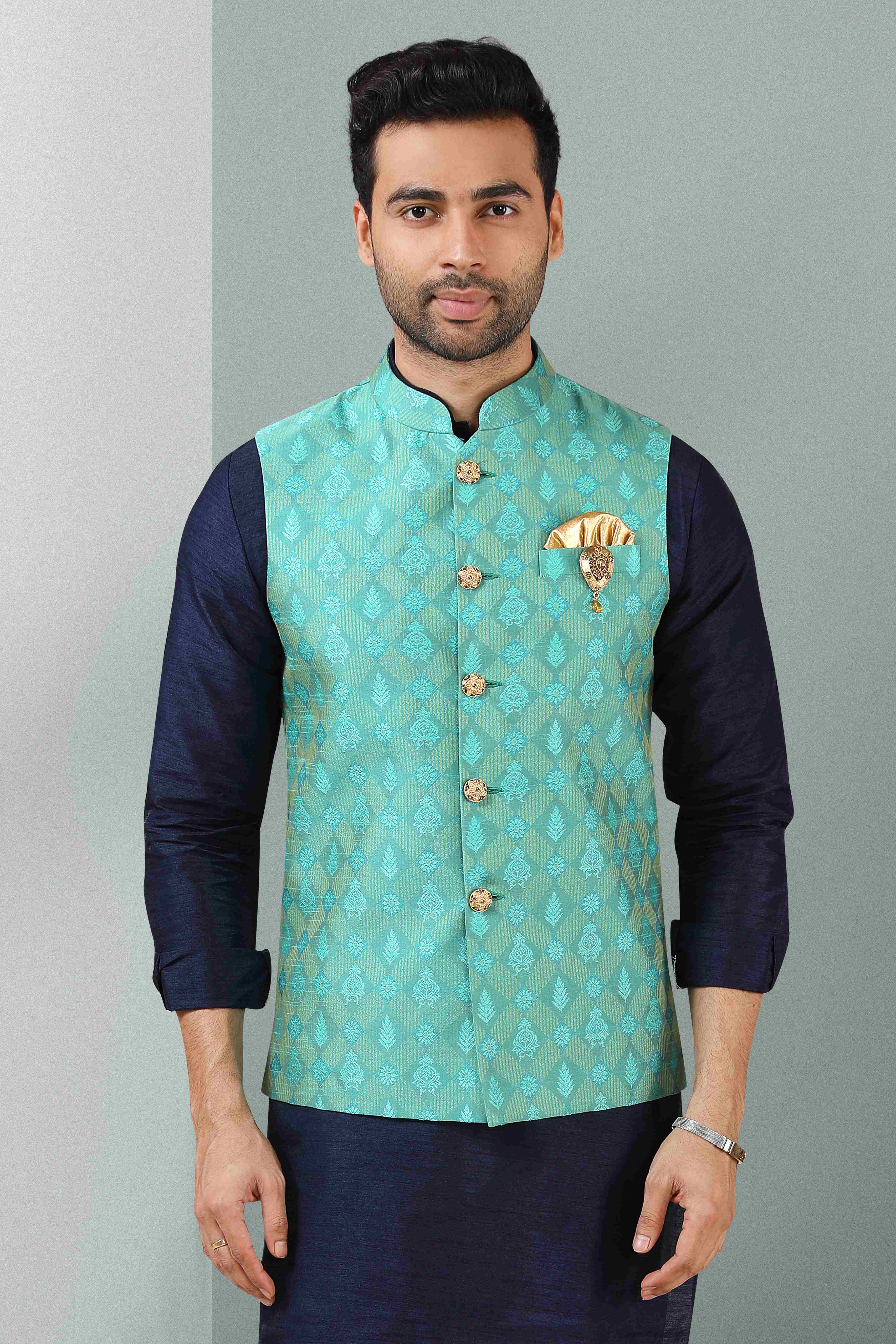 Raivat Ethnic Jacquard Banarasi Silk Woven Work 3 Pics Jacket Set In Sea Green Colour | Grocsy