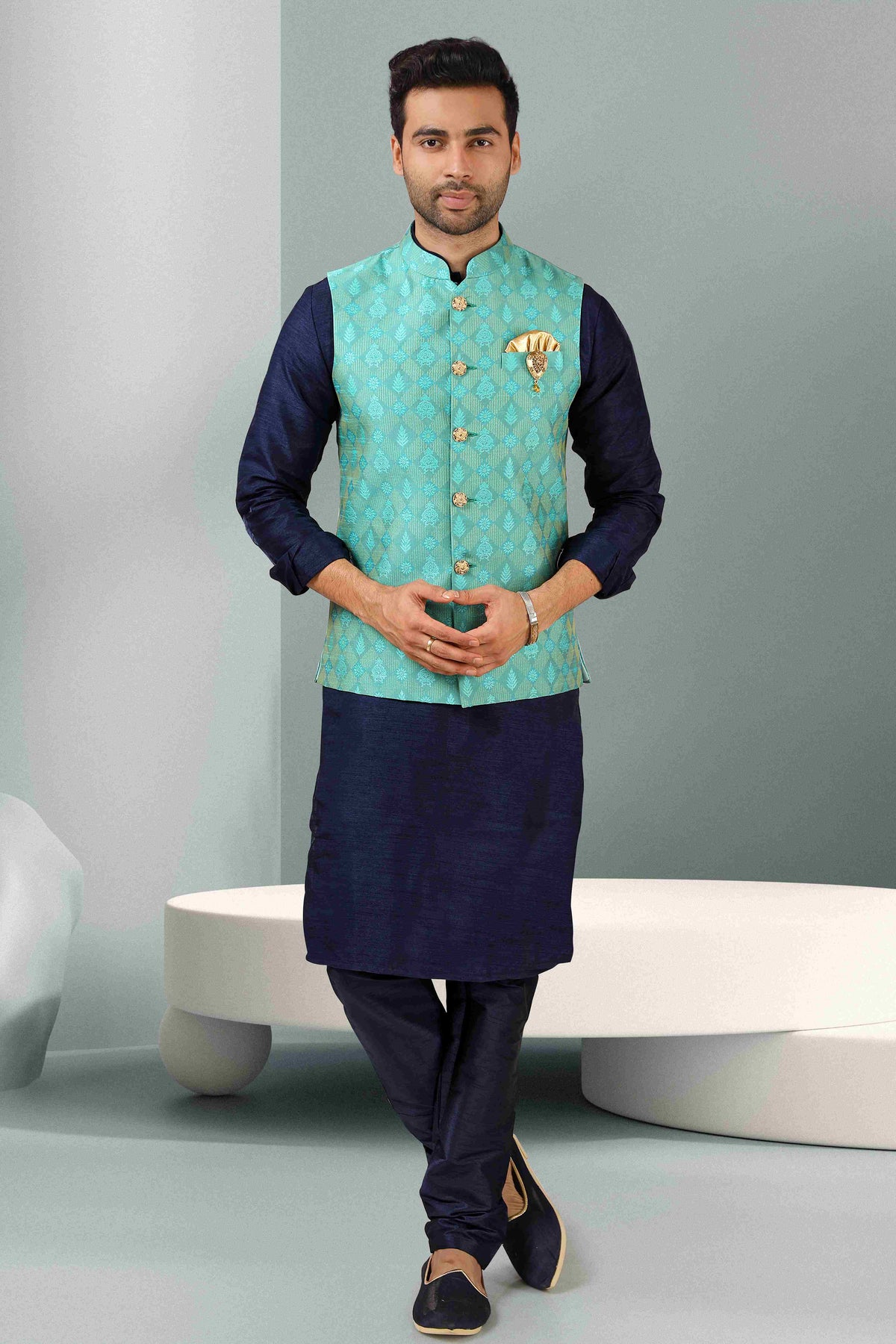 Raivat Ethnic Jacquard Banarasi Silk Woven Work 3 Pics Jacket Set In Sea Green Colour | Grocsy