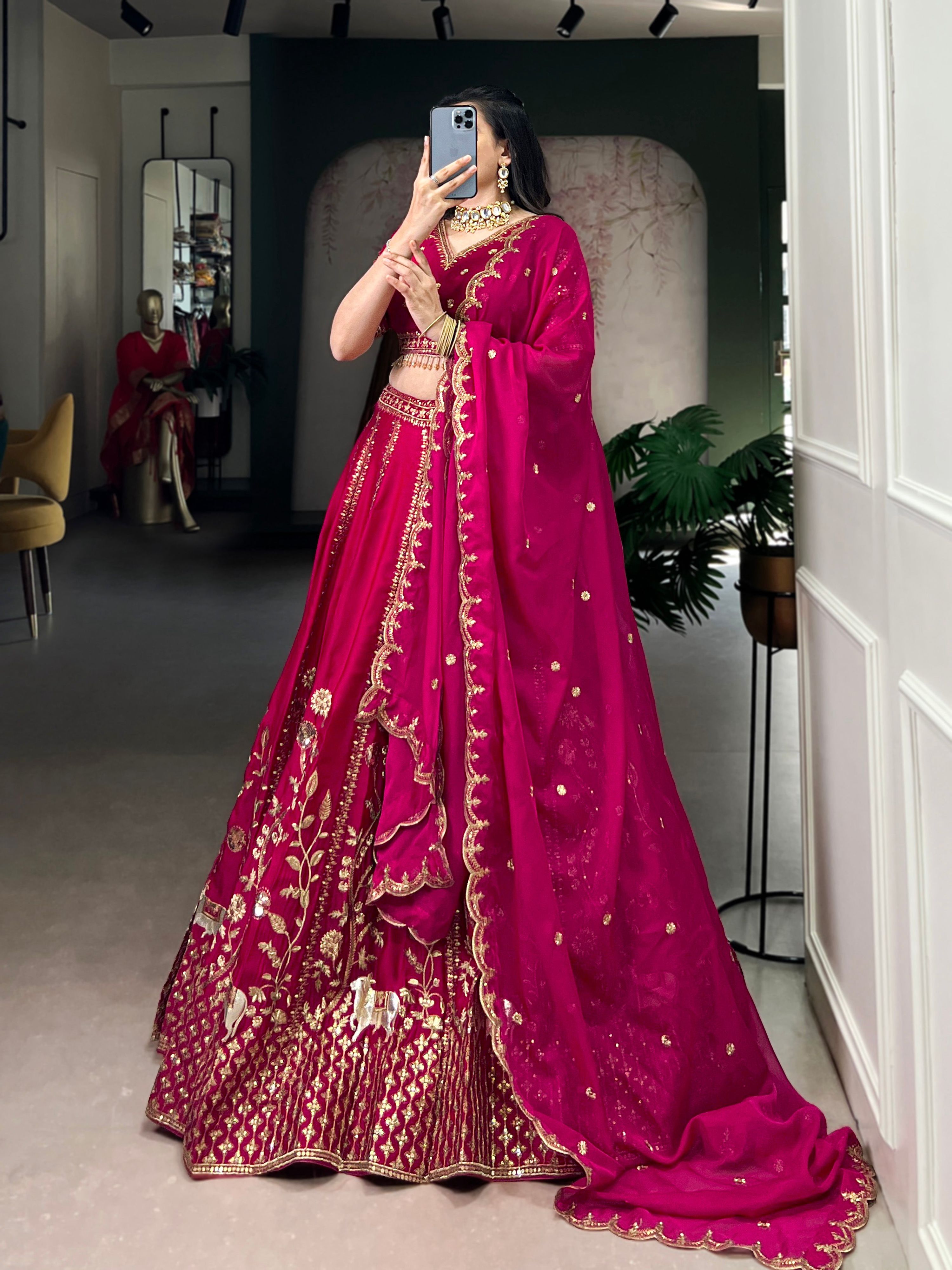 Lorenvalley Fashion Ranipink Natural Silk Sequins and Thread Embroidery Work Lehenga Choli with Dupatta | Grocsy