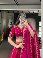 Lorenvalley Fashion Ranipink Natural Silk Sequins and Thread Embroidery Work Lehenga Choli with Dupatta | Grocsy