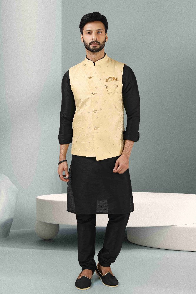 Raivat Ethnic Jacquard Banarasi Silk Woven Work 3 Pics Jacket Set In Cream Colour | Grocsy