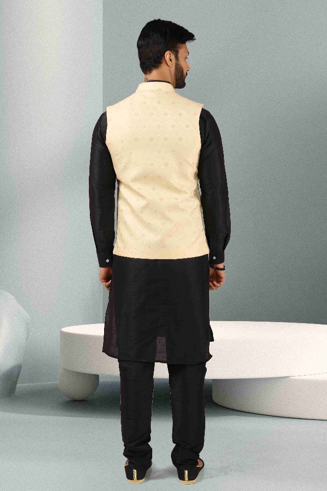 Raivat Ethnic Jacquard Banarasi Silk Woven Work 3 Pics Jacket Set In Cream Colour | Grocsy
