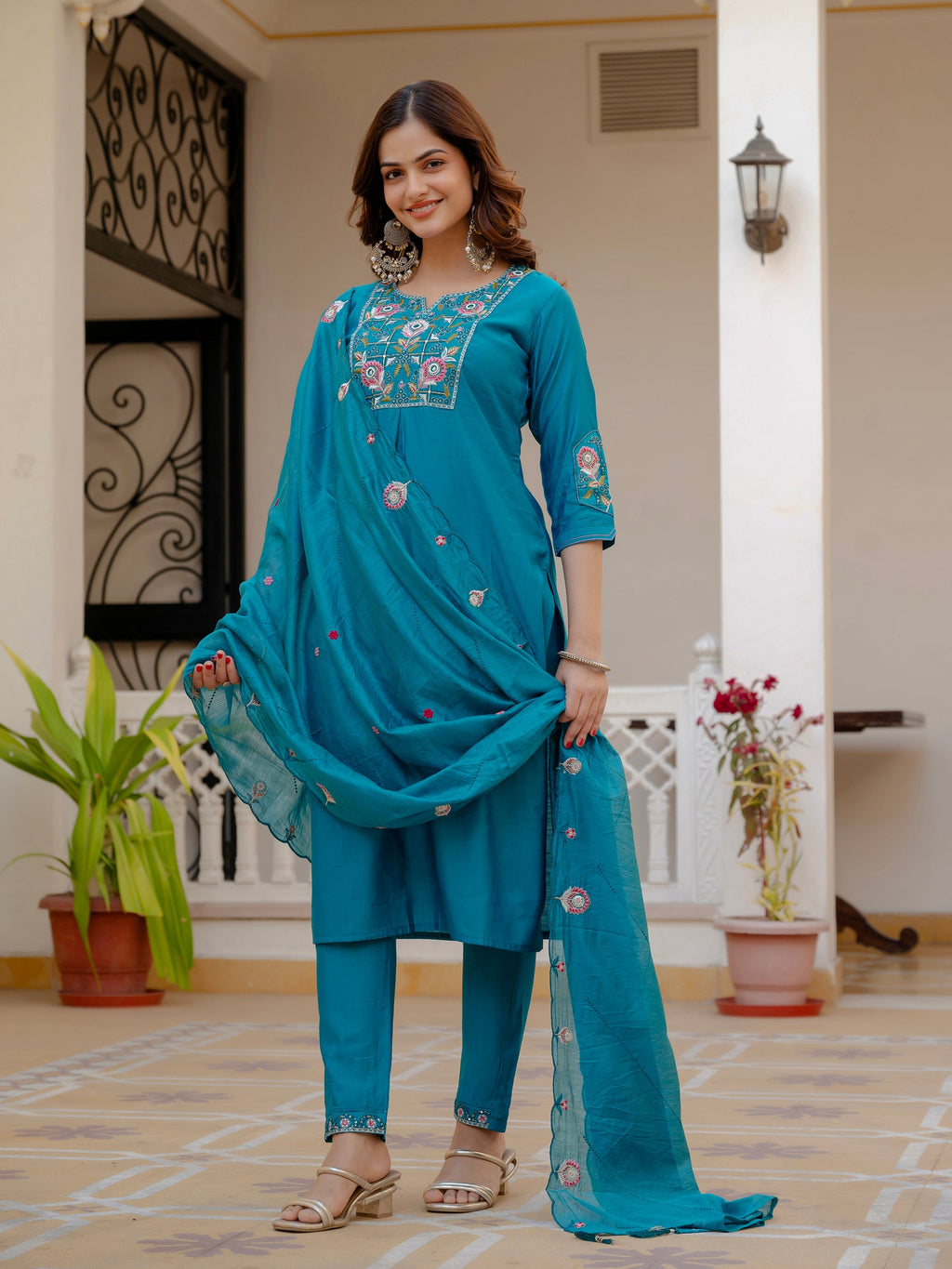 Lorenvalley Fashion Firozi Viscose Mango Silk Multi Embroidery Sequins With Hand Work Kurta Pant Dupatta | Grocsy
