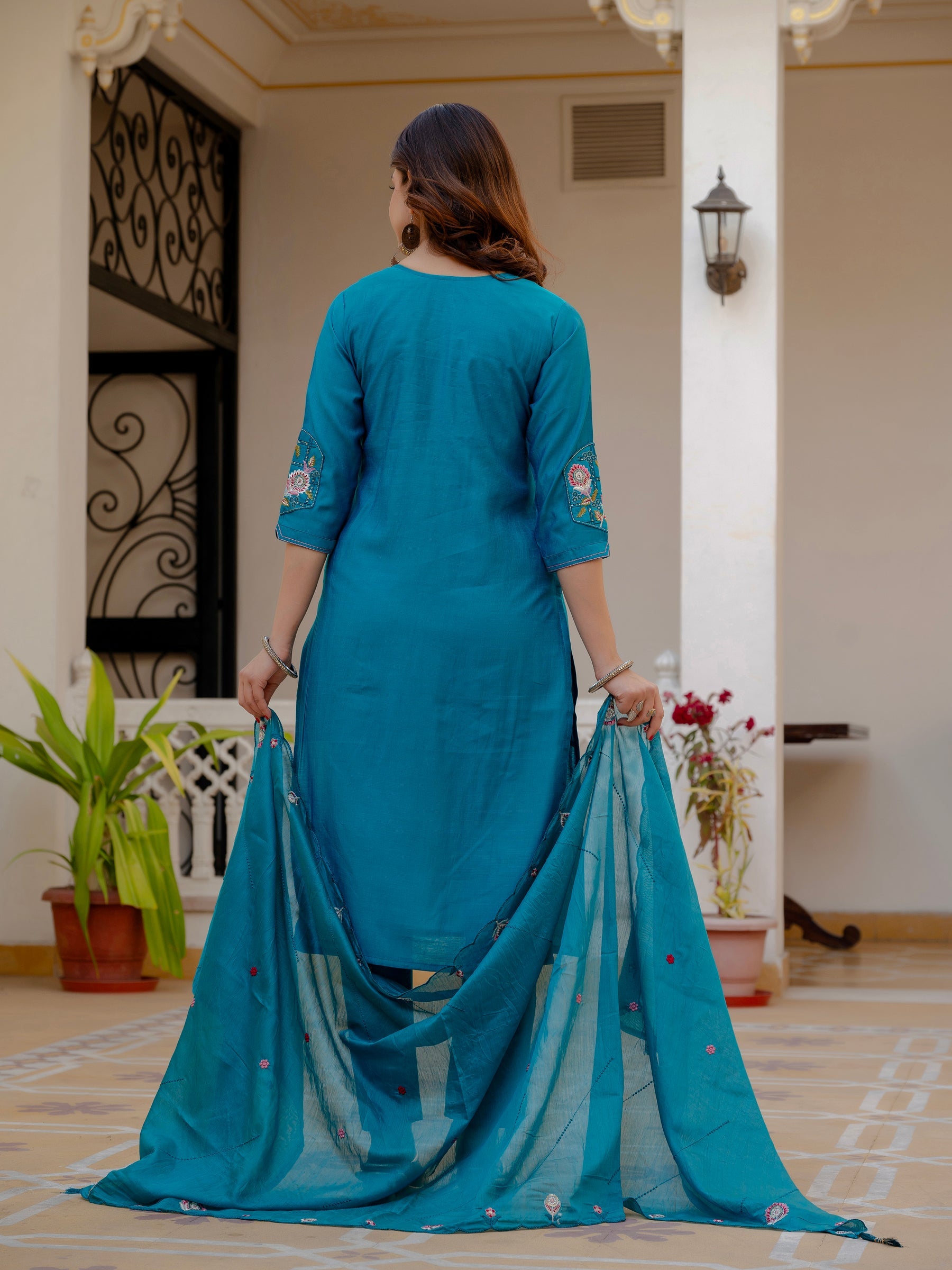 Lorenvalley Fashion Firozi Viscose Mango Silk Multi Embroidery Sequins With Hand Work Kurta Pant Dupatta | Grocsy