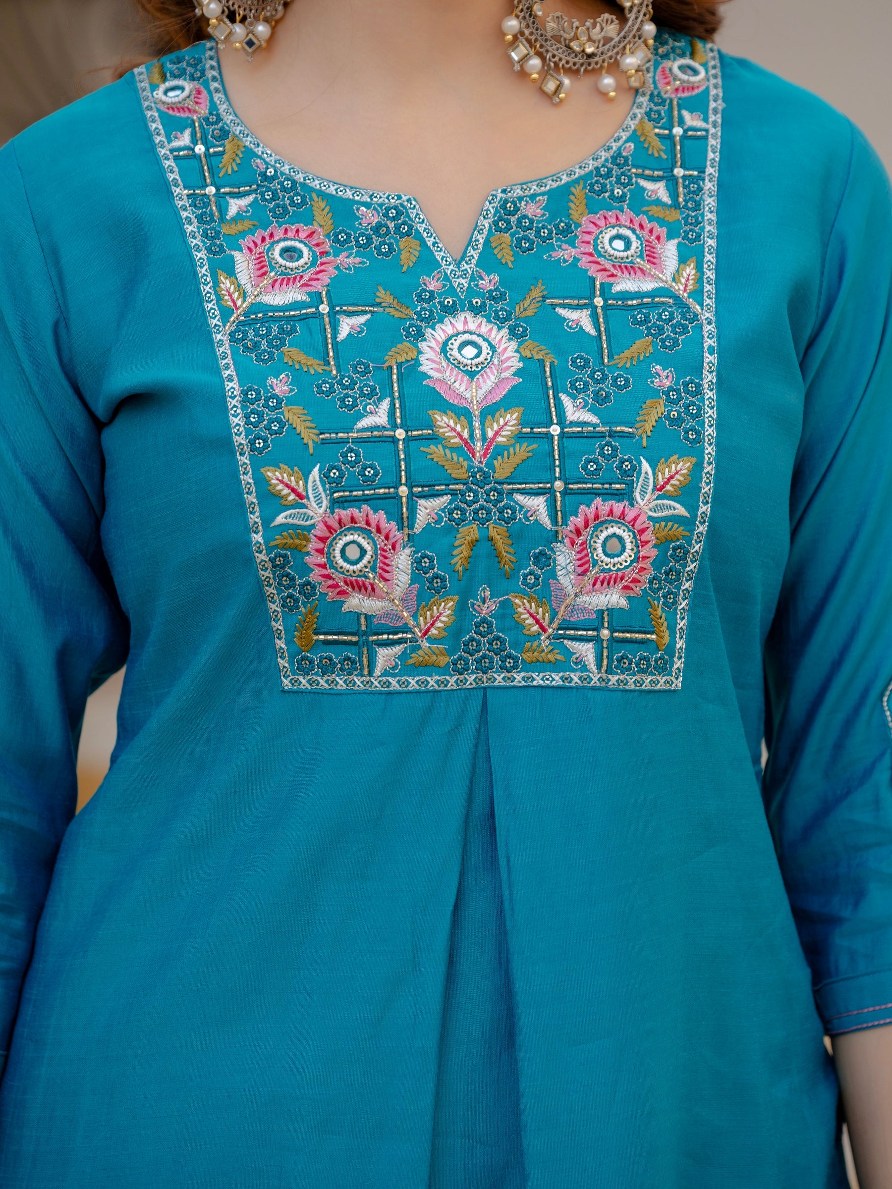 Lorenvalley Fashion Firozi Viscose Mango Silk Multi Embroidery Sequins With Hand Work Kurta Pant Dupatta | Grocsy