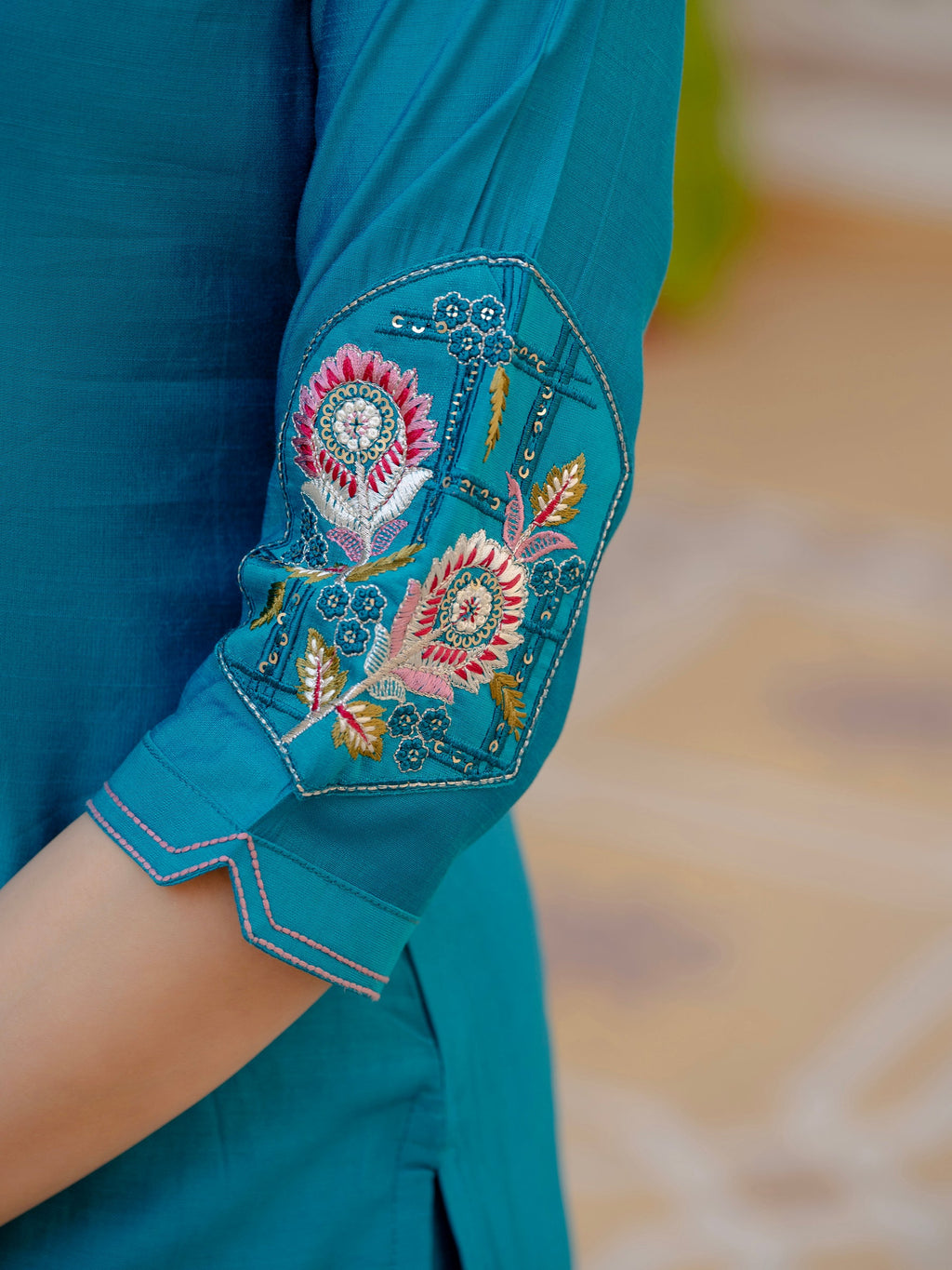 Lorenvalley Fashion Firozi Viscose Mango Silk Multi Embroidery Sequins With Hand Work Kurta Pant Dupatta | Grocsy