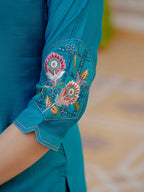 Lorenvalley Fashion Firozi Viscose Mango Silk Multi Embroidery Sequins With Hand Work Kurta Pant Dupatta | Grocsy