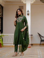 Lorenvalley Fashion Green Viscose Mango Silk Multi Embroidery Sequins With Hand Work Kurta Pant Dupatta | Grocsy