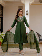 Lorenvalley Fashion Green Viscose Mango Silk Multi Embroidery Sequins With Hand Work Kurta Pant Dupatta | Grocsy