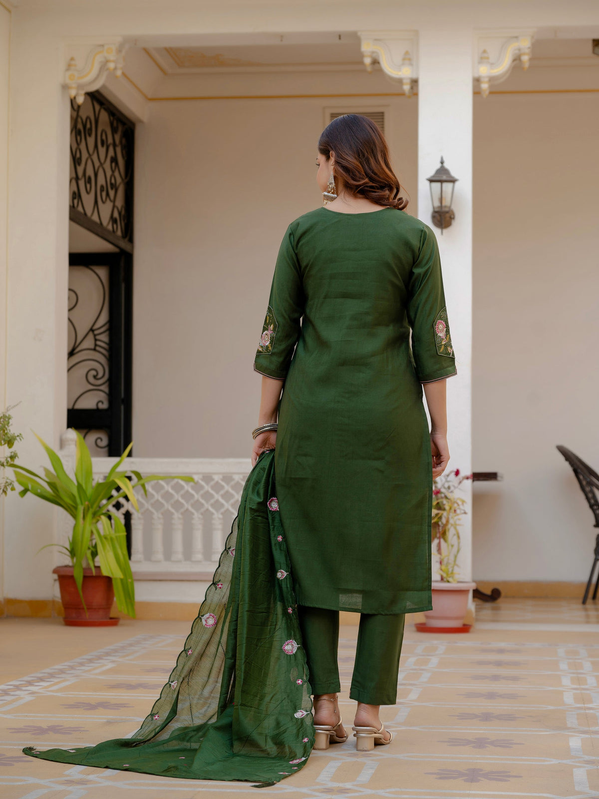 Lorenvalley Fashion Green Viscose Mango Silk Multi Embroidery Sequins With Hand Work Kurta Pant Dupatta | Grocsy