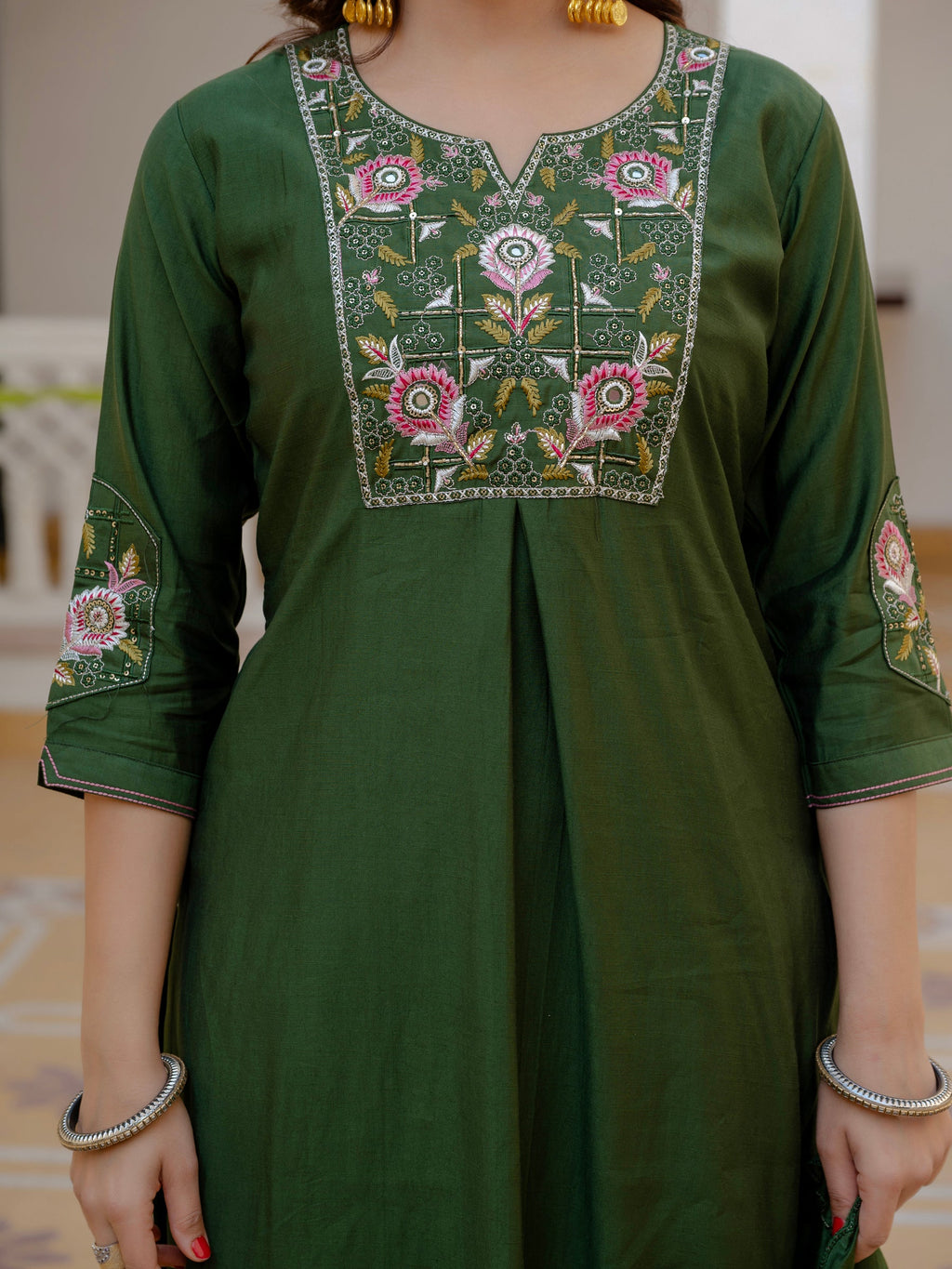 Lorenvalley Fashion Green Viscose Mango Silk Multi Embroidery Sequins With Hand Work Kurta Pant Dupatta | Grocsy