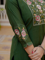 Lorenvalley Fashion Green Viscose Mango Silk Multi Embroidery Sequins With Hand Work Kurta Pant Dupatta | Grocsy