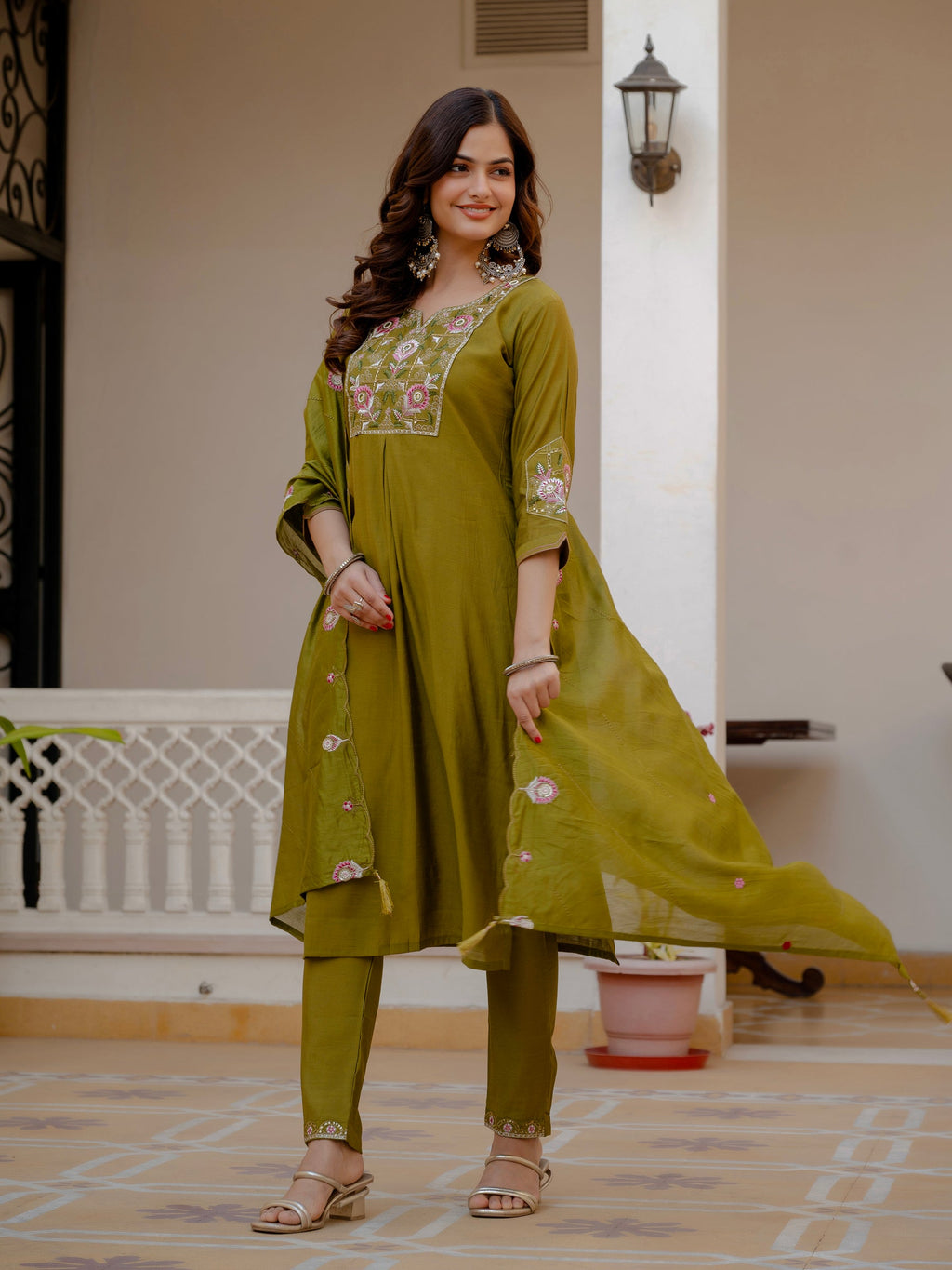 Lorenvalley Fashion Mehendi Viscose Mango Silk Multi Embroidery Sequins With Hand Work Kurta Pant Dupatta | Grocsy