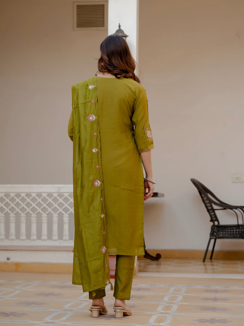 Lorenvalley Fashion Mehendi Viscose Mango Silk Multi Embroidery Sequins With Hand Work Kurta Pant Dupatta | Grocsy