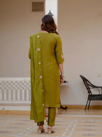 Lorenvalley Fashion Mehendi Viscose Mango Silk Multi Embroidery Sequins With Hand Work Kurta Pant Dupatta | Grocsy