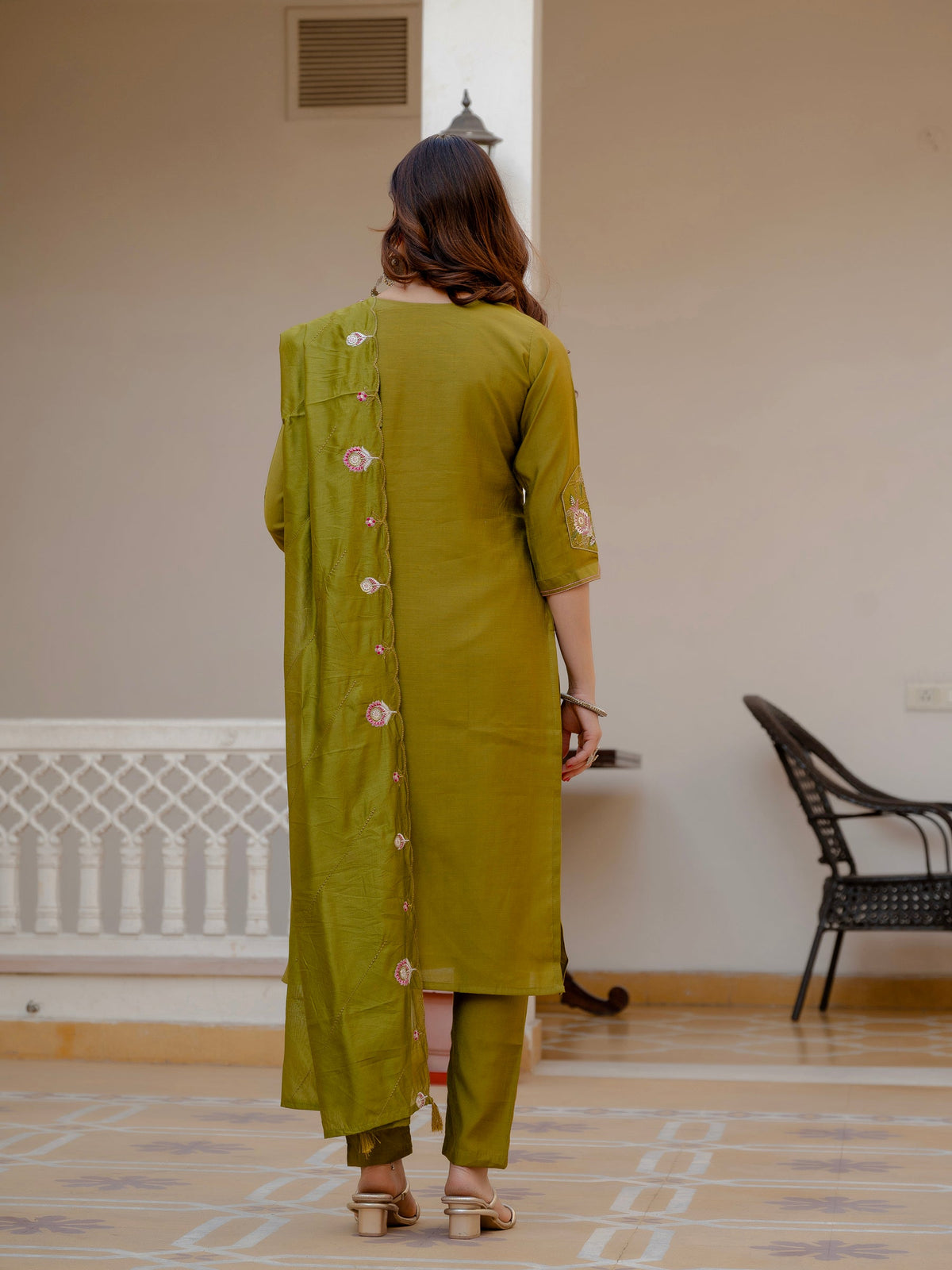Lorenvalley Fashion Mehendi Viscose Mango Silk Multi Embroidery Sequins With Hand Work Kurta Pant Dupatta | Grocsy