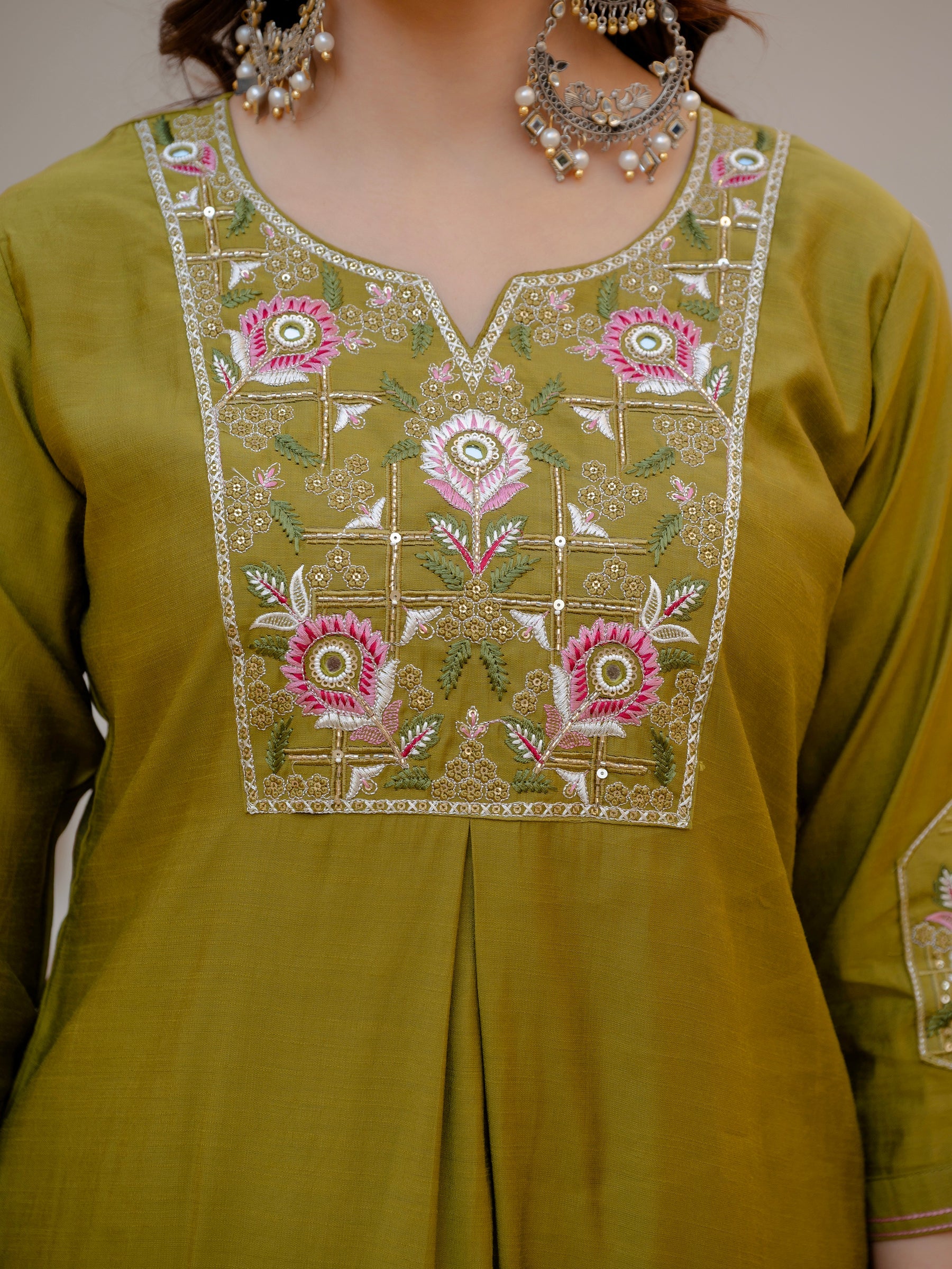 Lorenvalley Fashion Mehendi Viscose Mango Silk Multi Embroidery Sequins With Hand Work Kurta Pant Dupatta | Grocsy