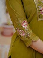 Lorenvalley Fashion Mehendi Viscose Mango Silk Multi Embroidery Sequins With Hand Work Kurta Pant Dupatta | Grocsy