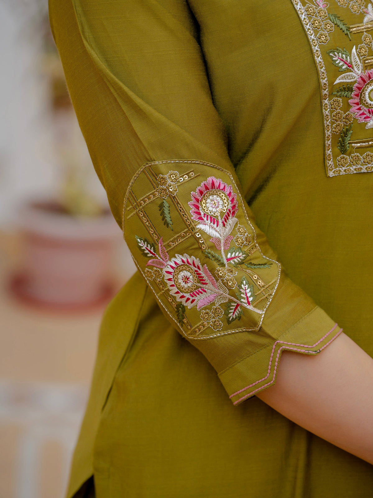 Lorenvalley Fashion Mehendi Viscose Mango Silk Multi Embroidery Sequins With Hand Work Kurta Pant Dupatta | Grocsy