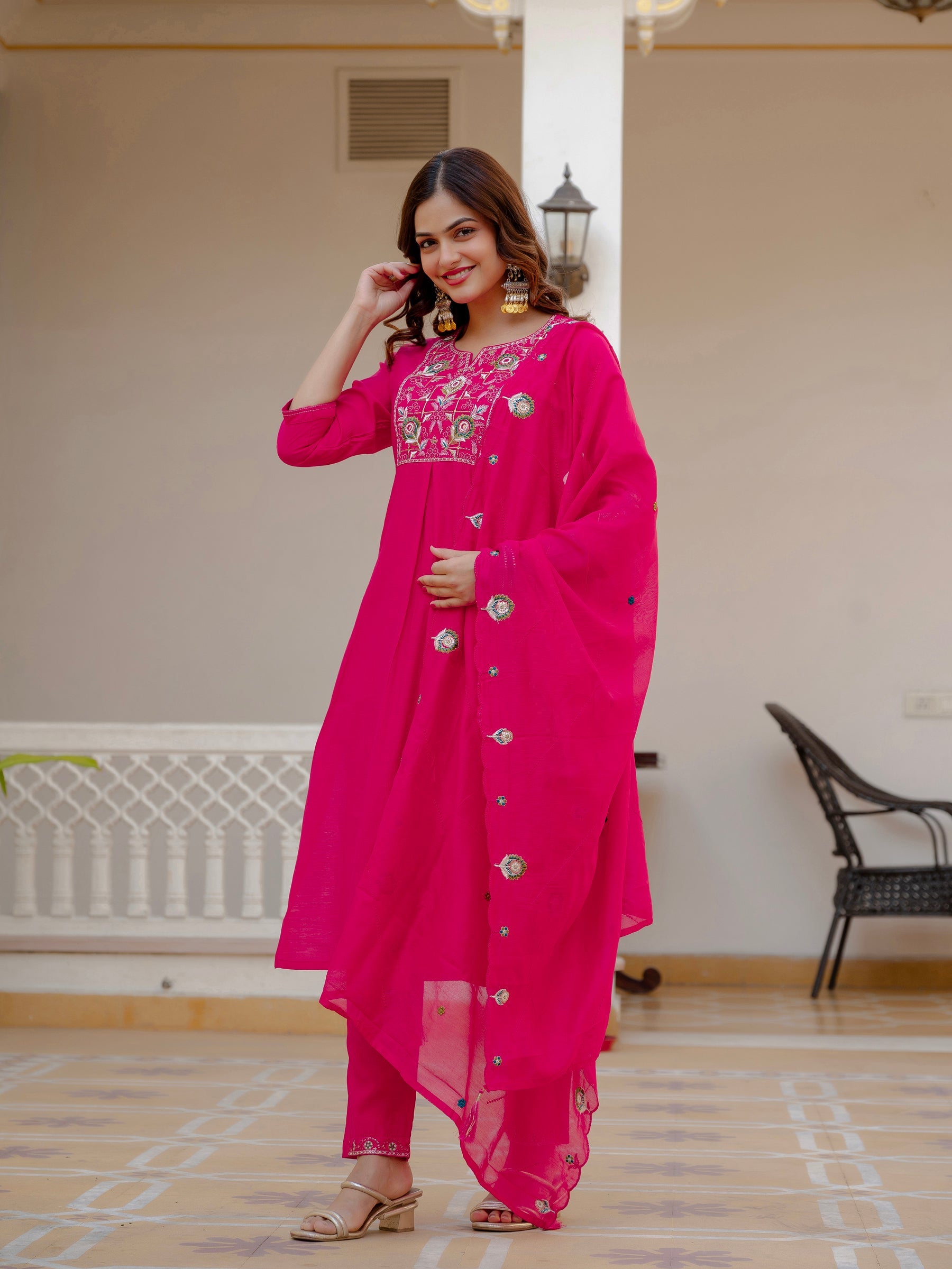 Lorenvalley Fashion Ranipink Viscose Mango Silk Multi Embroidery Sequins With Hand Work Kurta Pant Dupatta | Grocsy