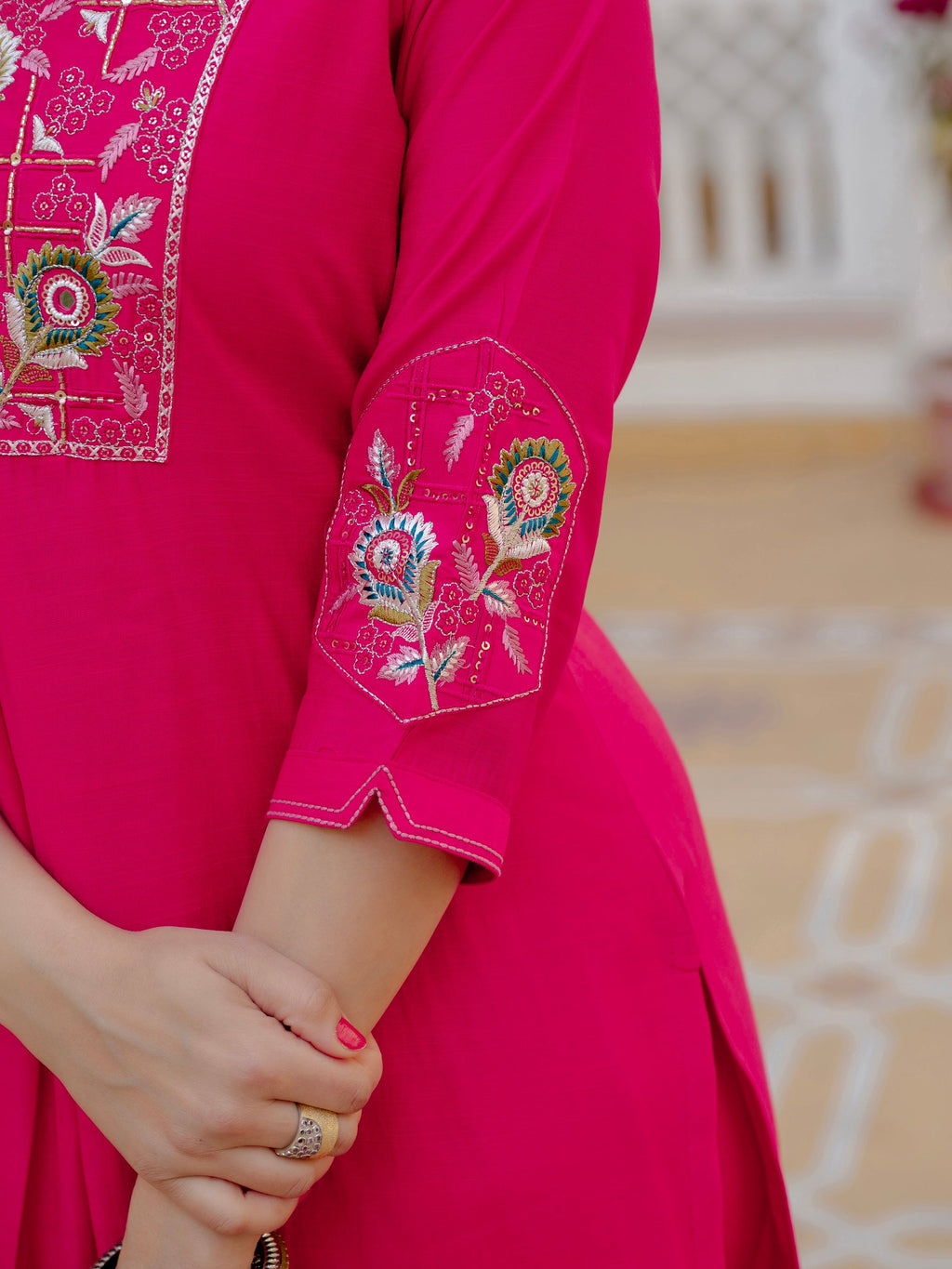 Lorenvalley Fashion Ranipink Viscose Mango Silk Multi Embroidery Sequins With Hand Work Kurta Pant Dupatta | Grocsy