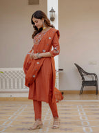 Lorenvalley Fashion Rust Viscose Mango Silk Multi Embroidery Sequins With Hand Work Kurta Pant Dupatta | Grocsy