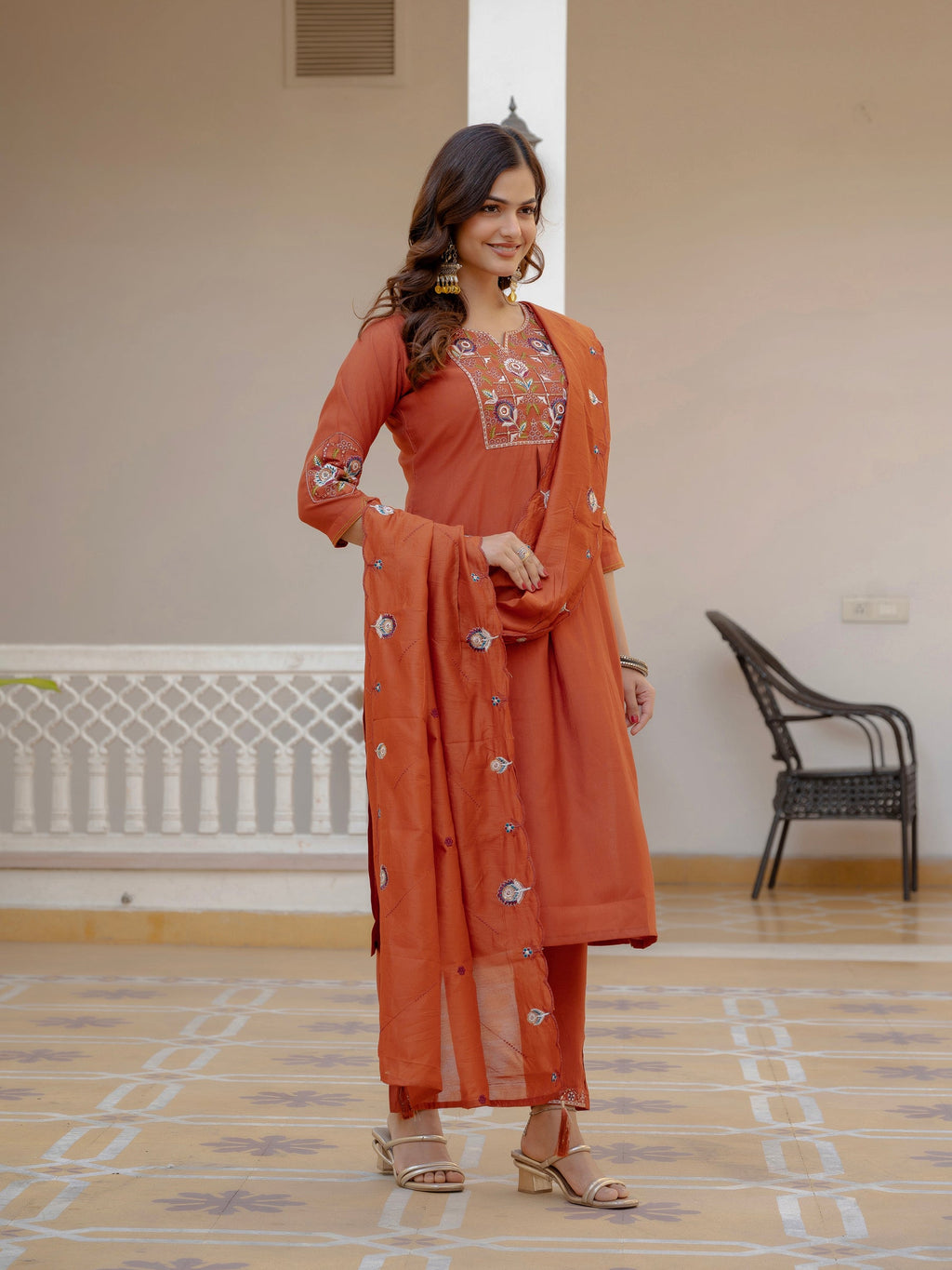 Lorenvalley Fashion Rust Viscose Mango Silk Multi Embroidery Sequins With Hand Work Kurta Pant Dupatta | Grocsy