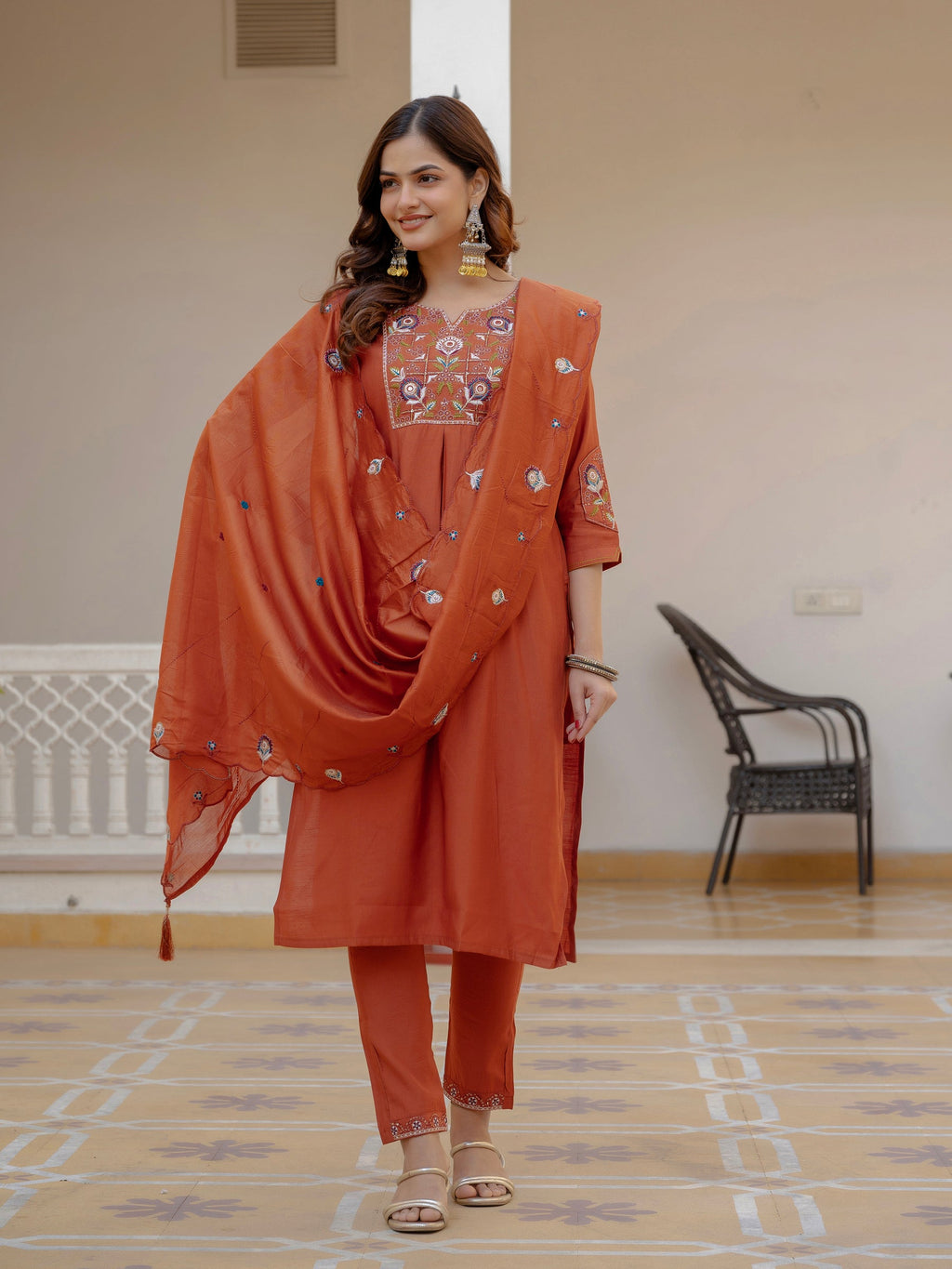 Lorenvalley Fashion Rust Viscose Mango Silk Multi Embroidery Sequins With Hand Work Kurta Pant Dupatta | Grocsy