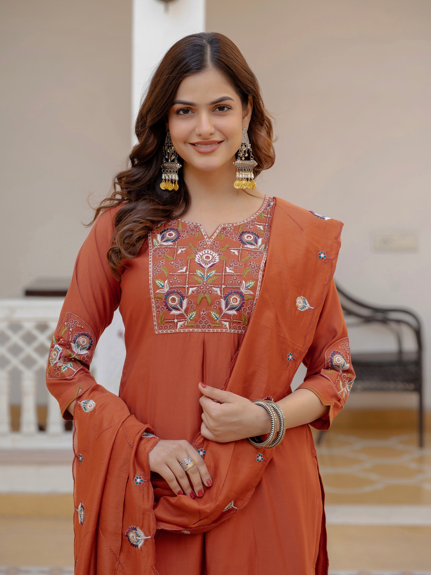 Lorenvalley Fashion Rust Viscose Mango Silk Multi Embroidery Sequins With Hand Work Kurta Pant Dupatta | Grocsy