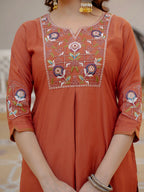 Lorenvalley Fashion Rust Viscose Mango Silk Multi Embroidery Sequins With Hand Work Kurta Pant Dupatta | Grocsy