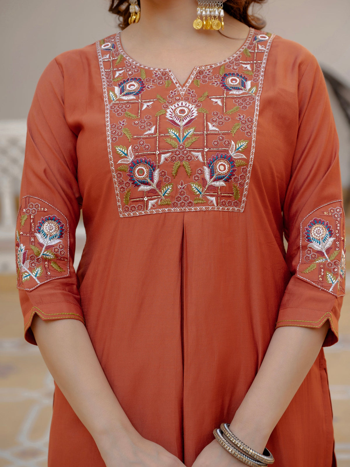 Lorenvalley Fashion Rust Viscose Mango Silk Multi Embroidery Sequins With Hand Work Kurta Pant Dupatta | Grocsy