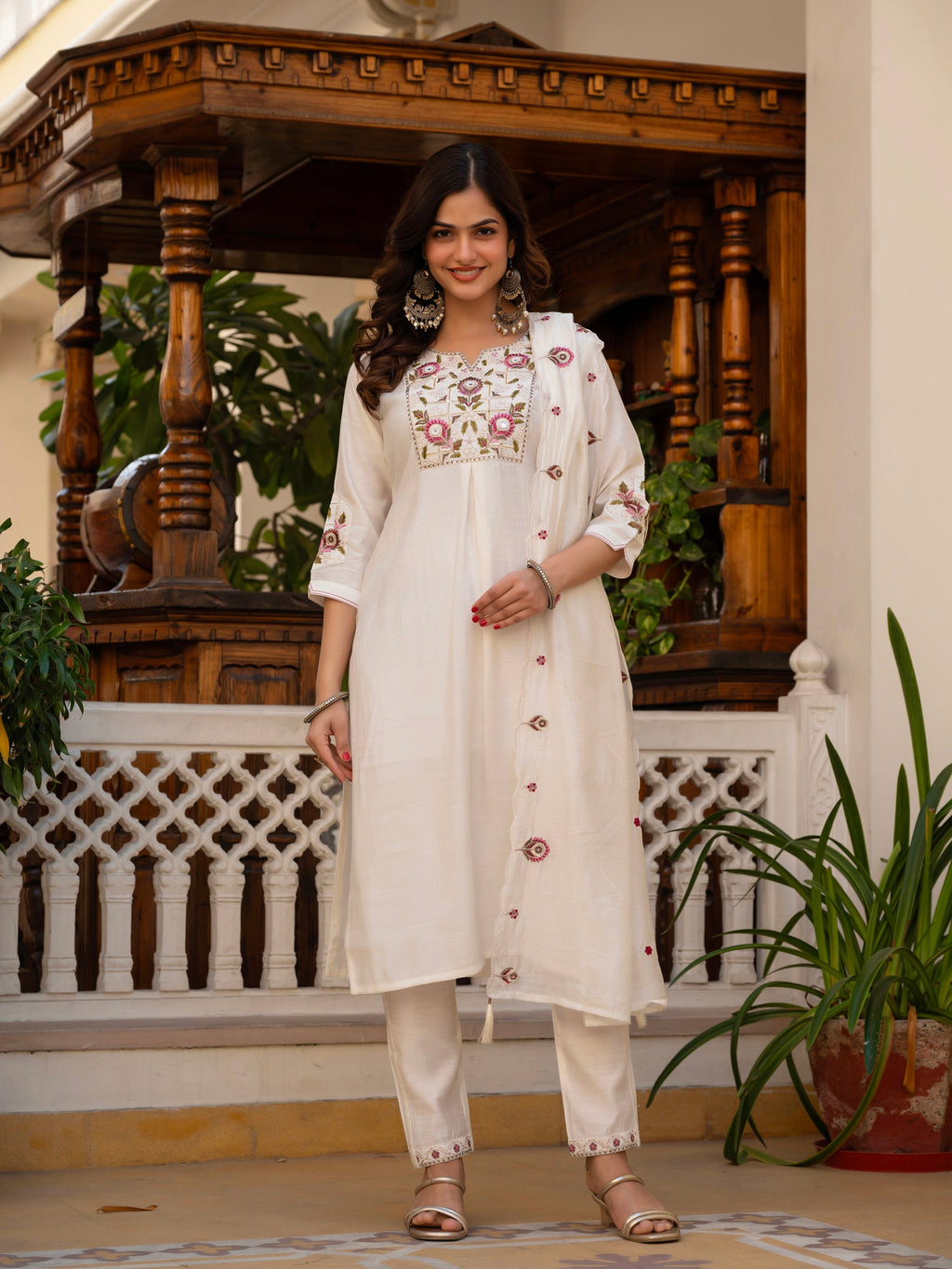 Lorenvalley Fashion White Viscose Mango Silk Multi Embroidery Sequins With Hand Work Kurta Pant Dupatta | Grocsy