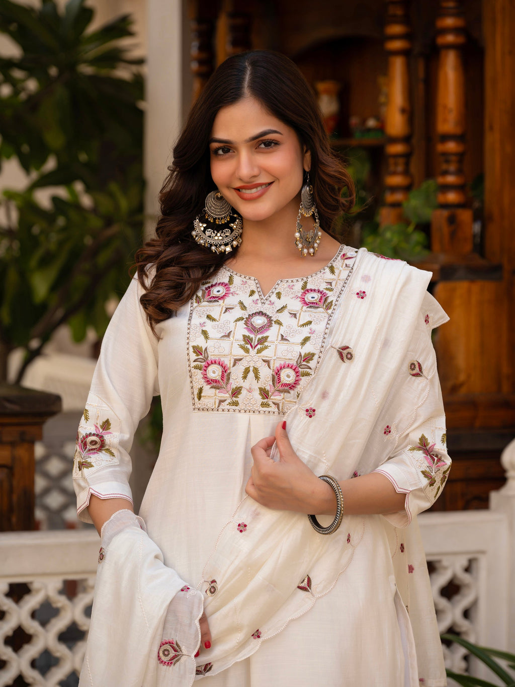 Lorenvalley Fashion White Viscose Mango Silk Multi Embroidery Sequins With Hand Work Kurta Pant Dupatta | Grocsy