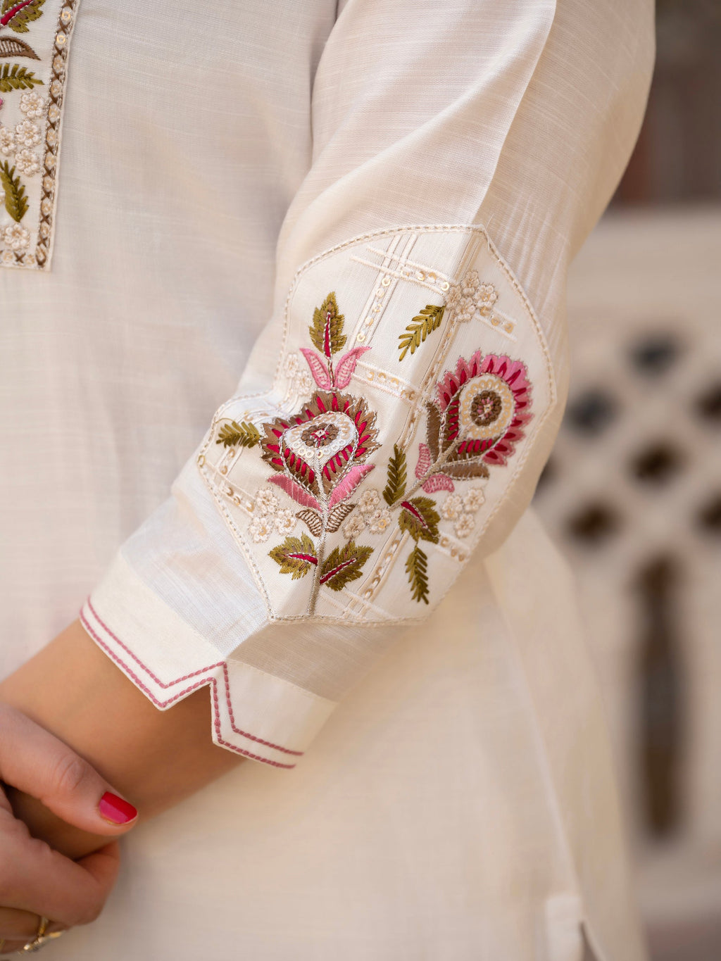 Lorenvalley Fashion White Viscose Mango Silk Multi Embroidery Sequins With Hand Work Kurta Pant Dupatta | Grocsy